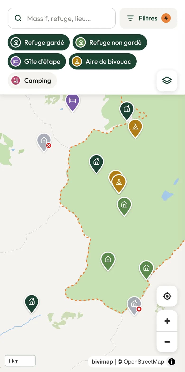 La carte Bivimap sur téléphone : refuges gardés et non gardés, gîtes et aires de bivouac en montagne