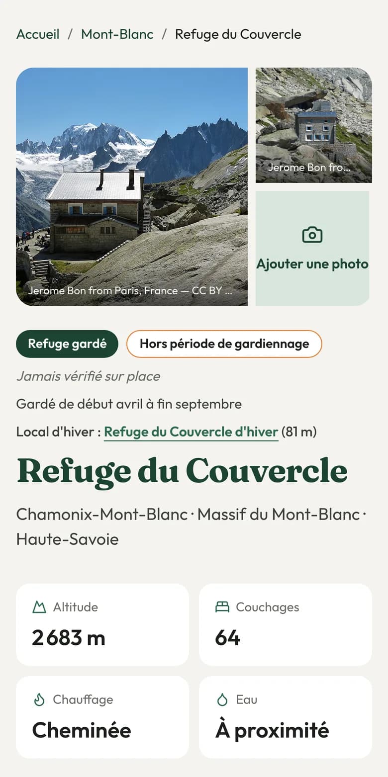 La fiche d'un refuge gardé sur Bivimap : photos, période de gardiennage, altitude et couchages